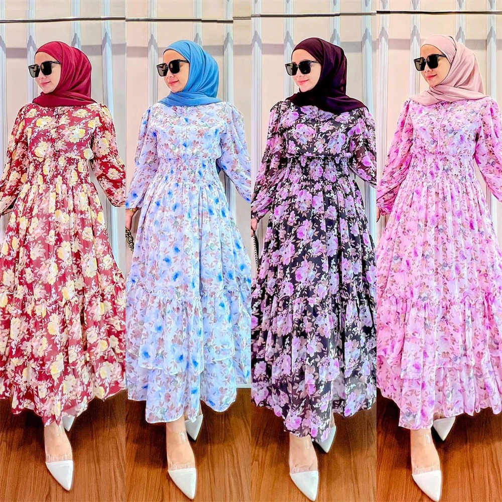 

Muslim New Printed Floral Maxi Chiffon Dress Middle East Indonesia Casual Party Dresses Women Turkey Kaftan Dubai Abaya Ramadan