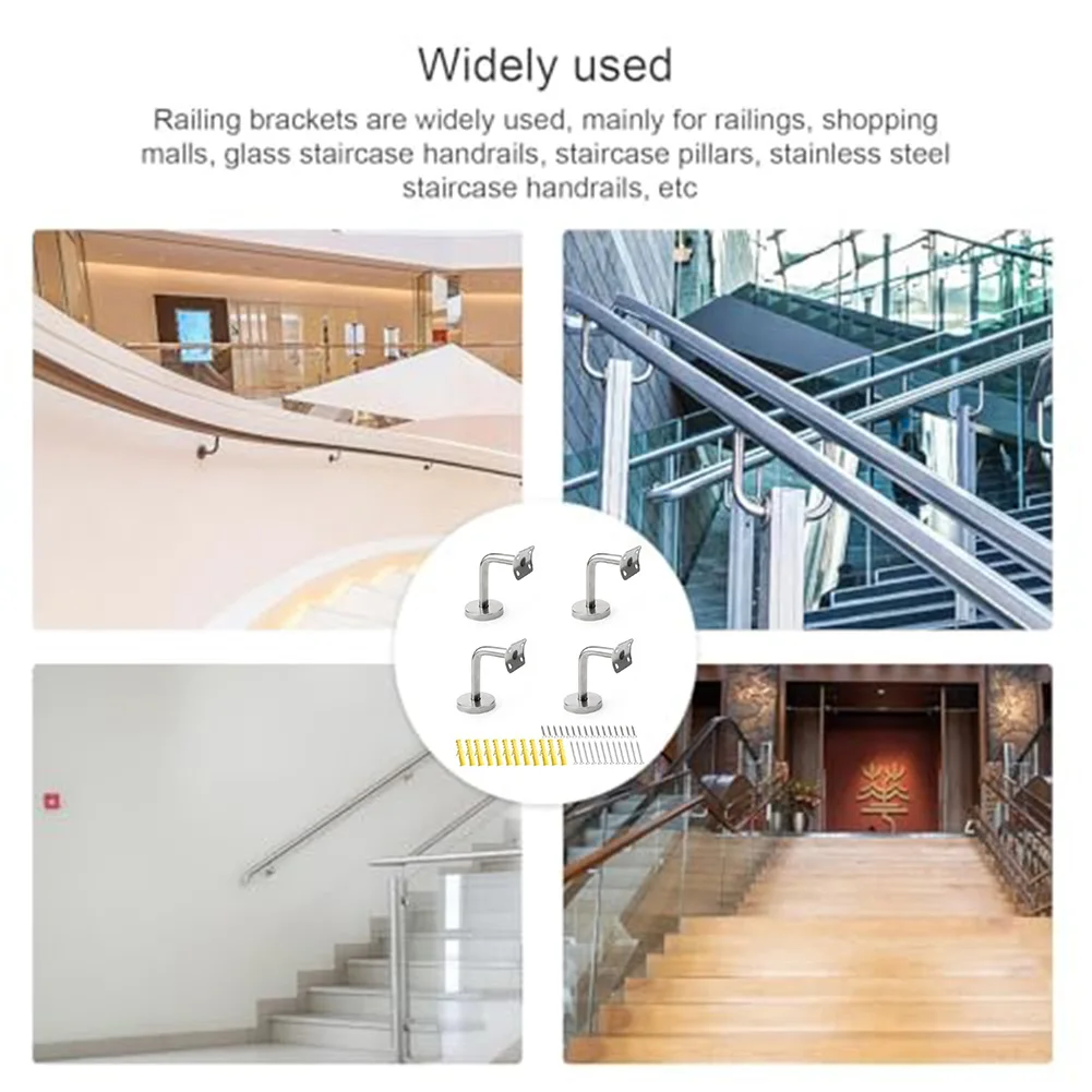 Set of 4 Stainless Steel Stair Handrail Brackets with Solid Support Rod Designed to Provide Strong and Stable Railing Fixing