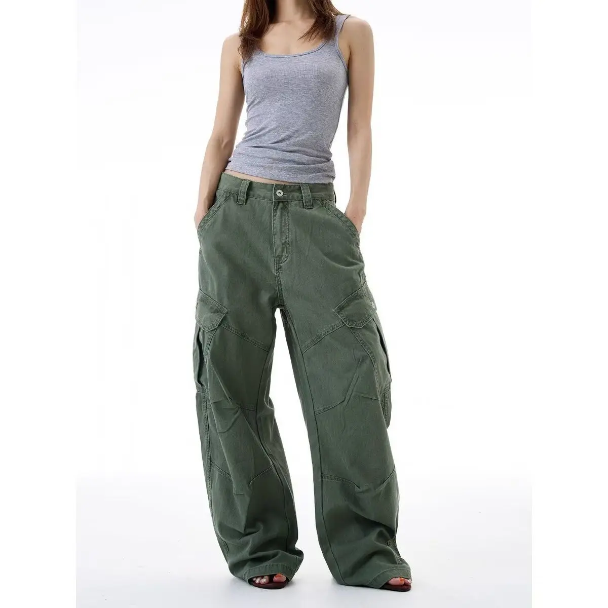Women's Multi-pocket Unisex Cargo Pants Spring Cool Girl High Waisted Sweatpants Bottoms Female Solid Color Wide Leg Trousers