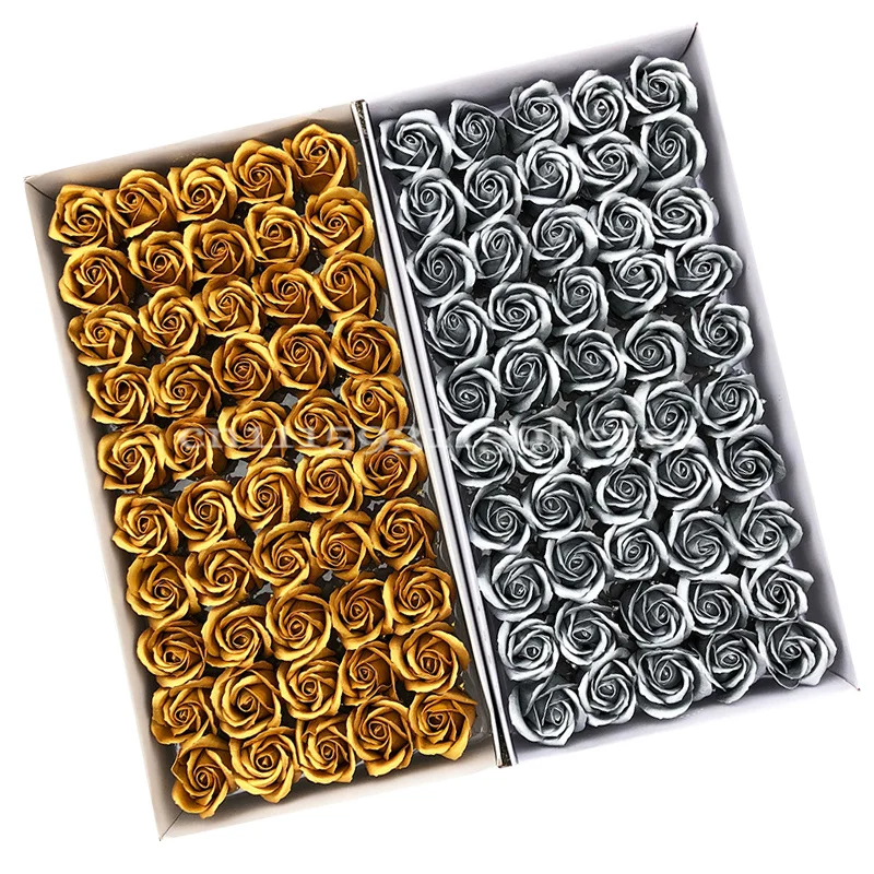 50 Stück Gold- und Silberfarbene 3-lagige Ewige Rosen, Künstliche Blütenköpfe für Hochzeitssträuße, Valentinstagsgeschenkbox, Heim- und Partydekoration – Detail 1