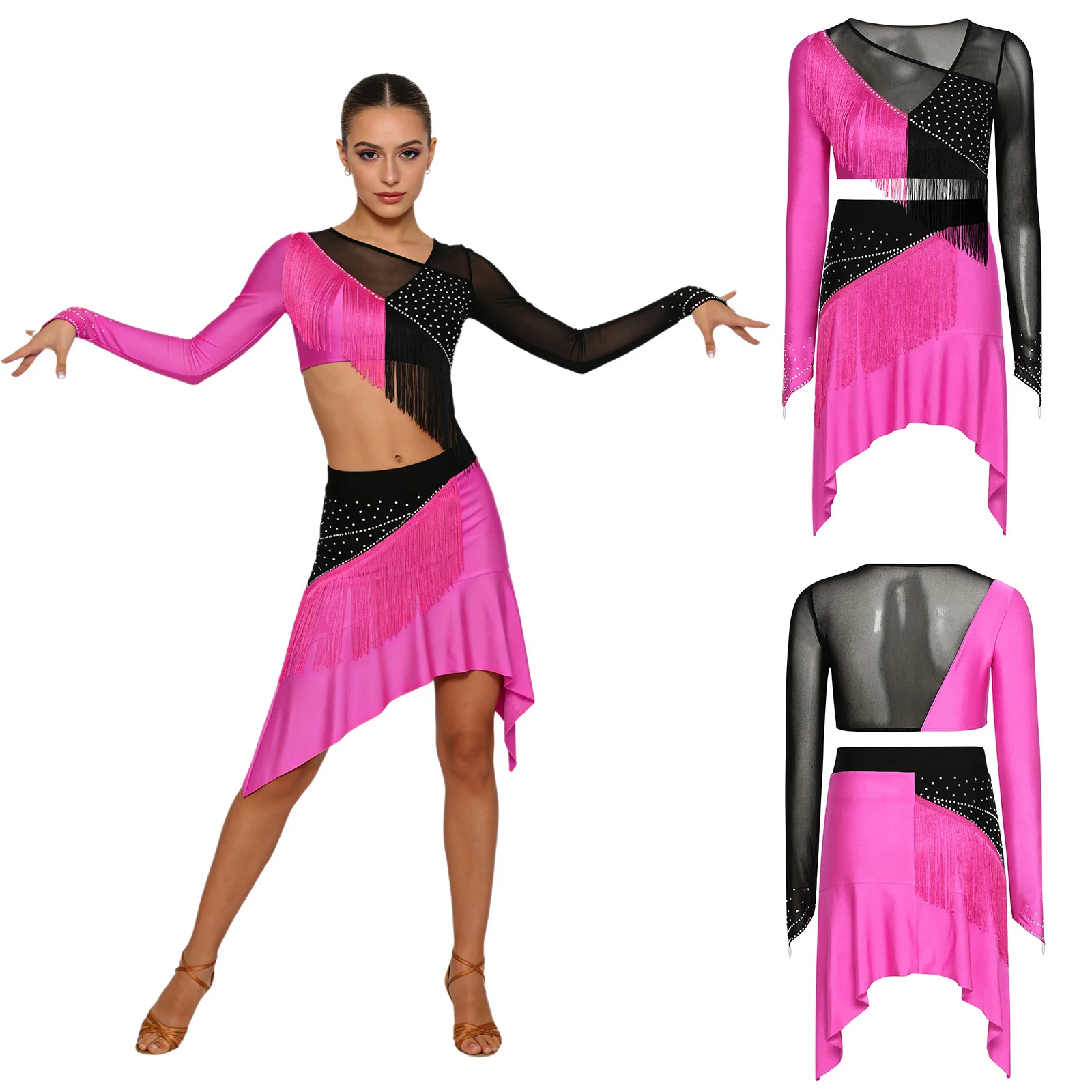 

Women Latin Tap Dance Performance Costumes Long Sleeve Mesh Tassel Crop Top And Fringe Skirt Set for Tango Cha-cha Salsa Outfits