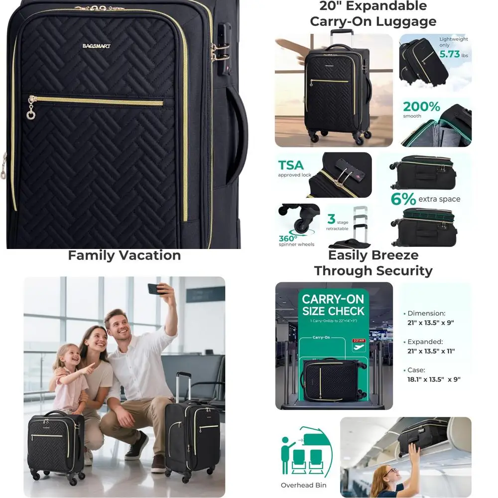 

Компактный расширяемый чемодан-спиннер софтбоку 20, одобренный авиакомпанией, легкая ручная кладь для мужчин и женщин (черный)