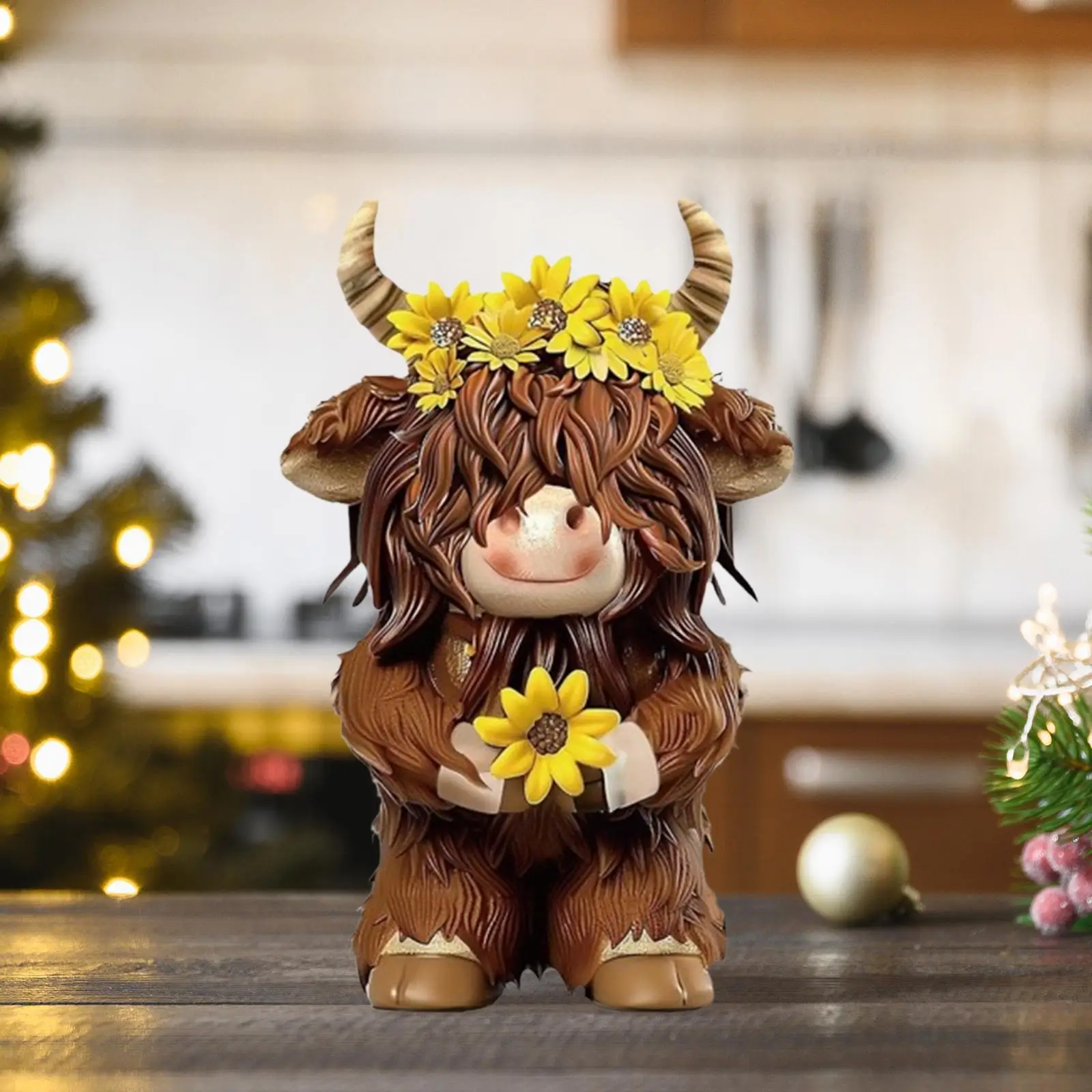 Brown Highland Cow Statue Resin Animal Figurine Desktop Shelf Decor Scottish Sculpture Cute Centerpiece for Home Art