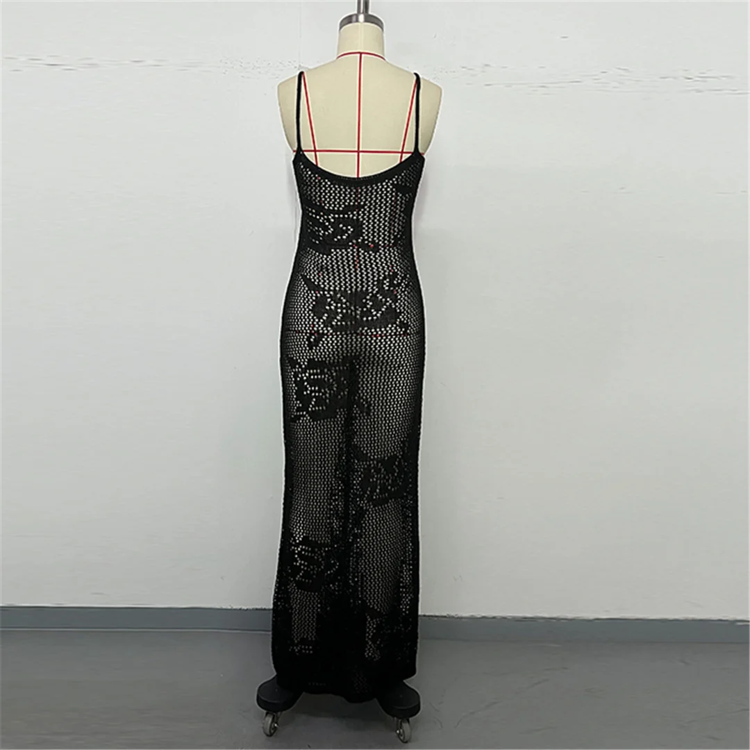 Ausgehöhlte, ärmellose, gehäkelte Tunika, Strand-Überwurf, langes Strandkleid, Strandmode, Damen V6843 – Detail 17