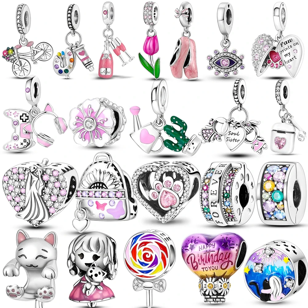 Chapado en plata serie rosa Color Charm Bead Cut Girl flor colgante ajuste Original pulsera collar joyería mujeres