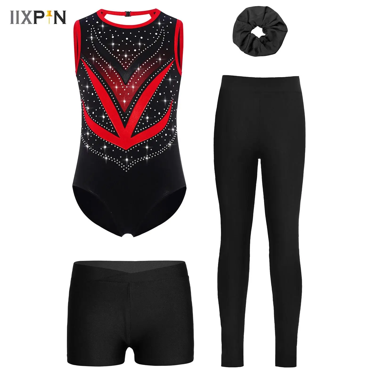 Costume de danse et de gymnastique pour filles, 4 pièces, dos croisé, strass brillants, justaucorps métallique + short + Leggings + couvre-chef
