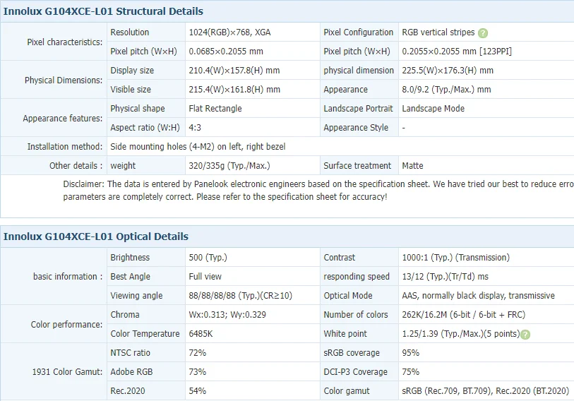 Módulo de exibição TFT LCD, G104XCE-L01, 1024x768, 10,4"