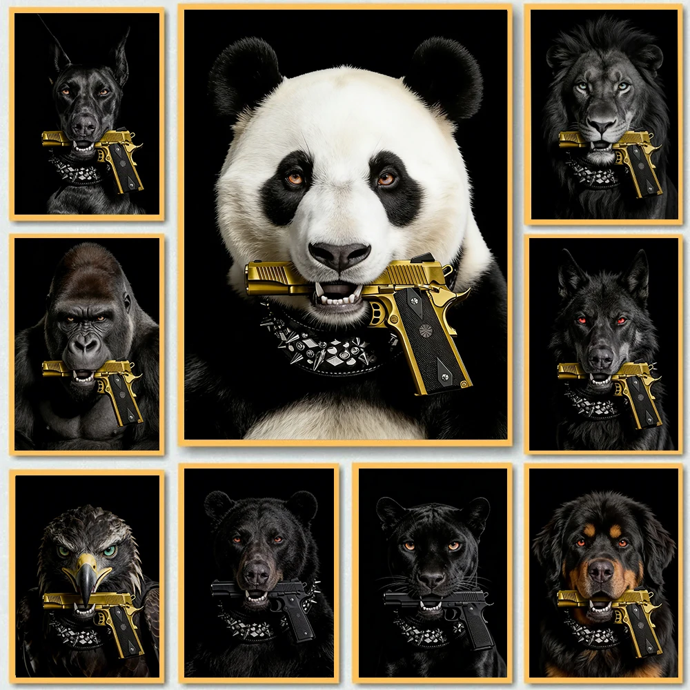 Divertido Cuadro de Lona con Animales Gangster: Elefante, León, Doberman con Pistola, Póster Impreso, Pintura de Lona de Anim