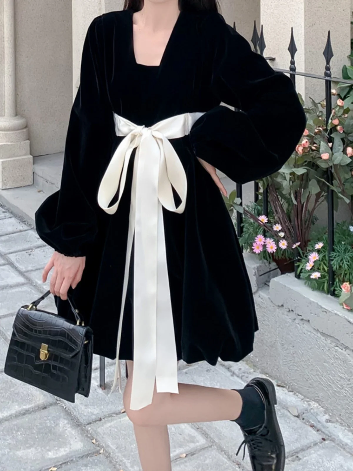 Abito in Velluto con Grande Fiocco e Cintura per Donna, Nuovo Stile Primaverile, Maniche Lunghe, Stile Principessa, Dolce ed Elegante