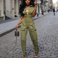 Streetwear Front Zipper Turn-down Collar Cargo Jumpsuit Women Short Sleeve Multiple Pockets One Pieces Romper Casual Overalls - Image 5