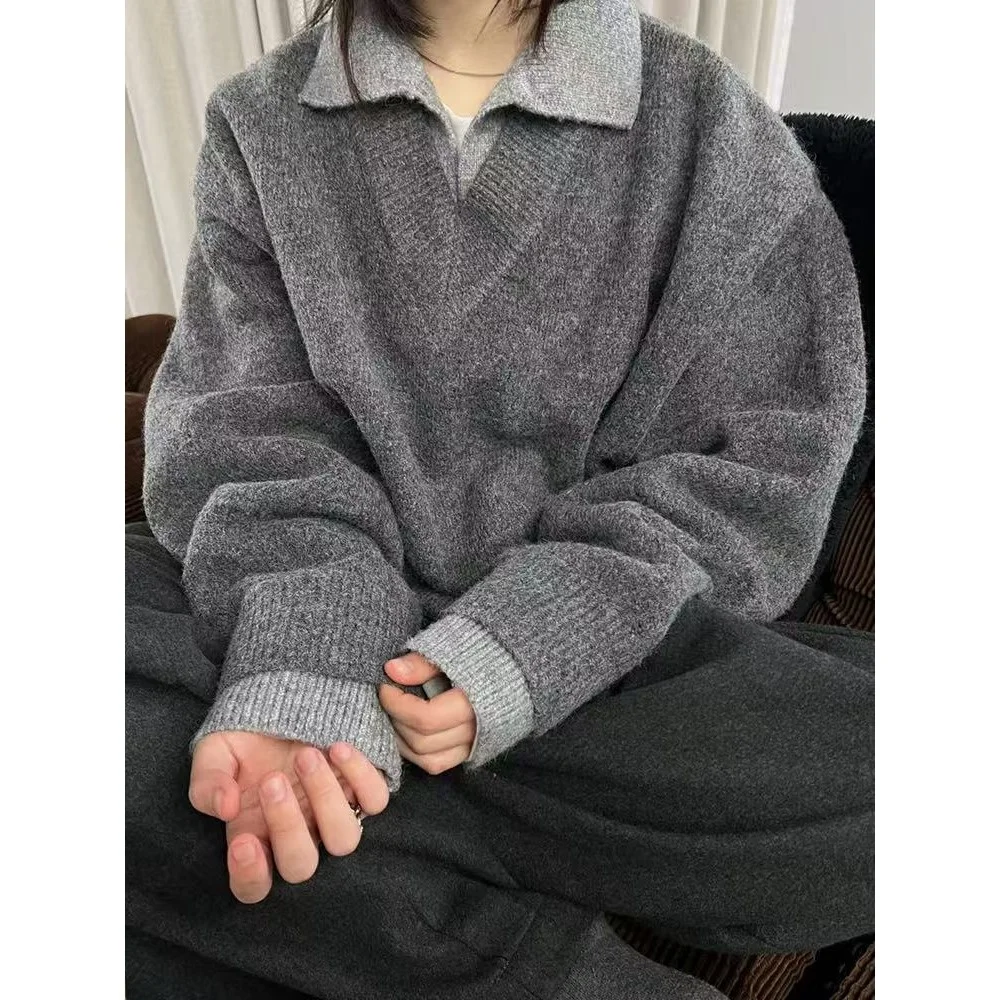 

American Sle V-Ne Knitwear Lazy Sle Old Money Sle Large Size 250 Pou Fake Two-Piece Pullover Outerwear for Autumn ...