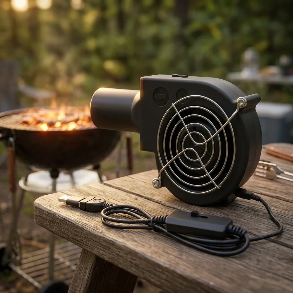12V USB-Powered Blower Fan 150mm for Grills and Fireplaces with 3-Stage Manual Adjustment and Low Noise Design