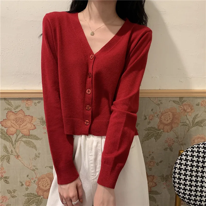 Lady New  Autumn Fashion Cardigan Commuter Style V-neck Inside The Long-sleeved Women's Clothing Short Slim Solid Colour Sweater