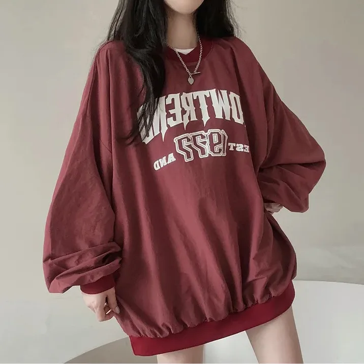 

Autumn Women Hip Hop Letter Print Red Hoodies Plus Size Loose Crewneck Pullover Tops Streetwear Harajuku Sweatshirts 2024