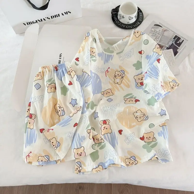

Summer Breathable Cloud Cotton Girls' Sleepwear Set Cartoon Love Bear Pajama Set Loose and Comfortable Thin Home Clothes