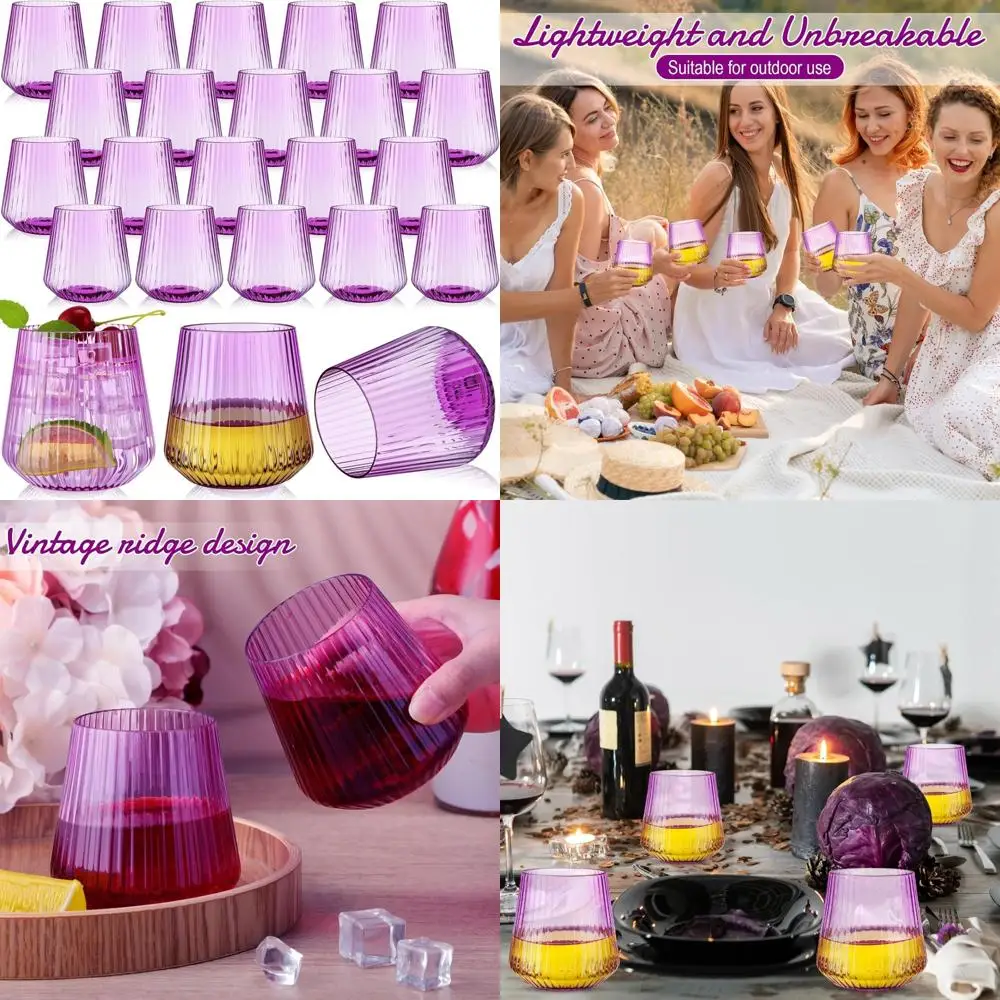 

Пластиковые бокалы для вина без ножек — упаковка 50 шт., ребристый дизайн на 14 унций, небьющиеся стаканчики для мероприятий на открытом воздухе и в помещении в винтажном стиле.