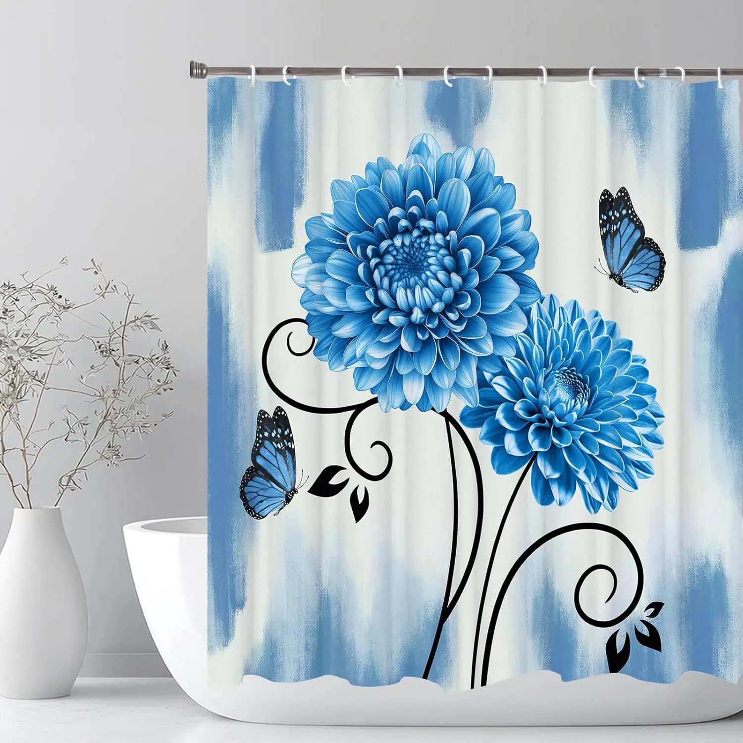 

Blue Dahlia Floral Shower Curtain with Abstract Boho Pattern, Waterproof Bathroom Decor Set for Modern Bathtub