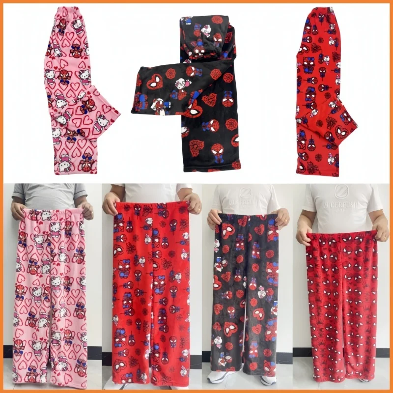 2024 Hello Kitty Y2k Kawaii Flannel Womenloose New Style Warm Woolen Cartoon Casual Home Pants Autumn Winter Fashion Trousers