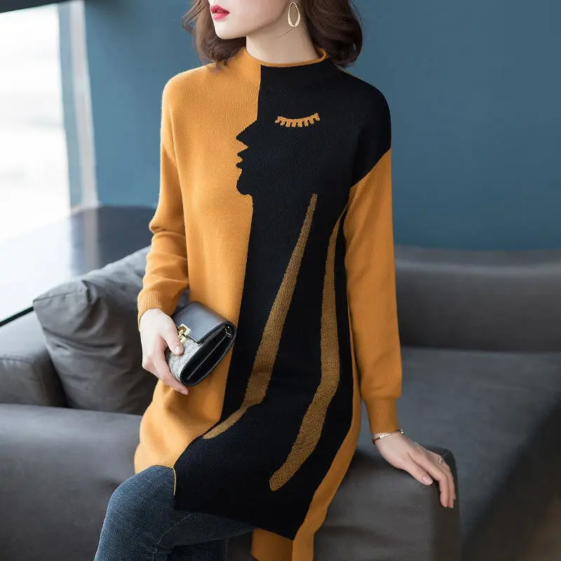 Elegant Fashion Spliced Women\'s Midi Sweaters Autumn Winter Korean Loose Half High Collar Irregular Knitted Tops Female Clothing