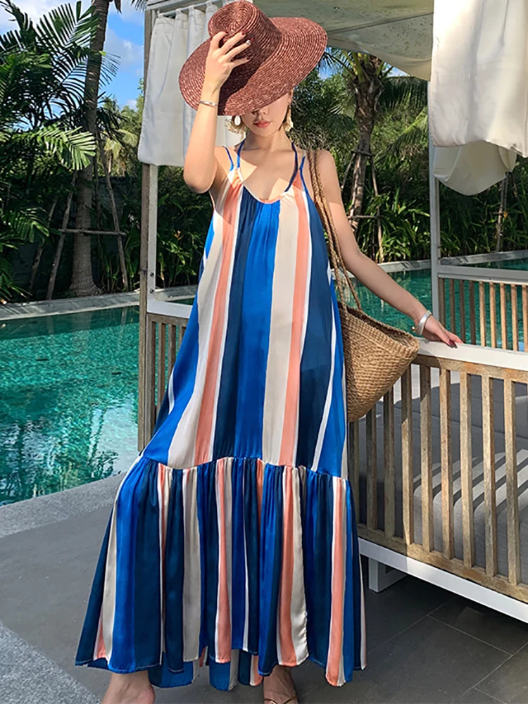 Robe Longue à Rayures Bleues Style Boho, Dos aux, Sexy, Élégante, Décontractée, Taille Haute, Mode Coréenne, Éducative, Nouvelle Collection Été 2024