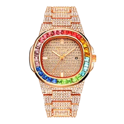 PINTIME Watch for Men Waterproof 3ATM Bling Iced Out Colored Diamond Case Fashion Quartz Wristwatch Stainless Steel Strap Clock