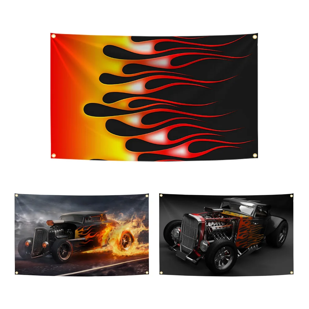 

3x5 Ft Hot Rod Fire Wave Car Flag Polyester Digital Printing Banner for Garage Wall Art Home or Outdoor Decoration Tapestry