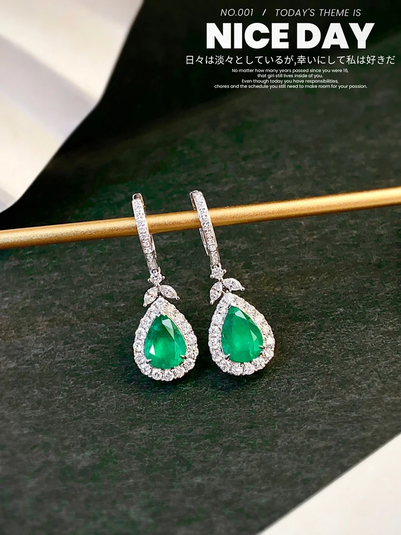 LUOWEND 100% 18K White Gold Earrings Luxury Elegant Style Natural Diamond Natural Emerald Earrings for Women Senior Banquet