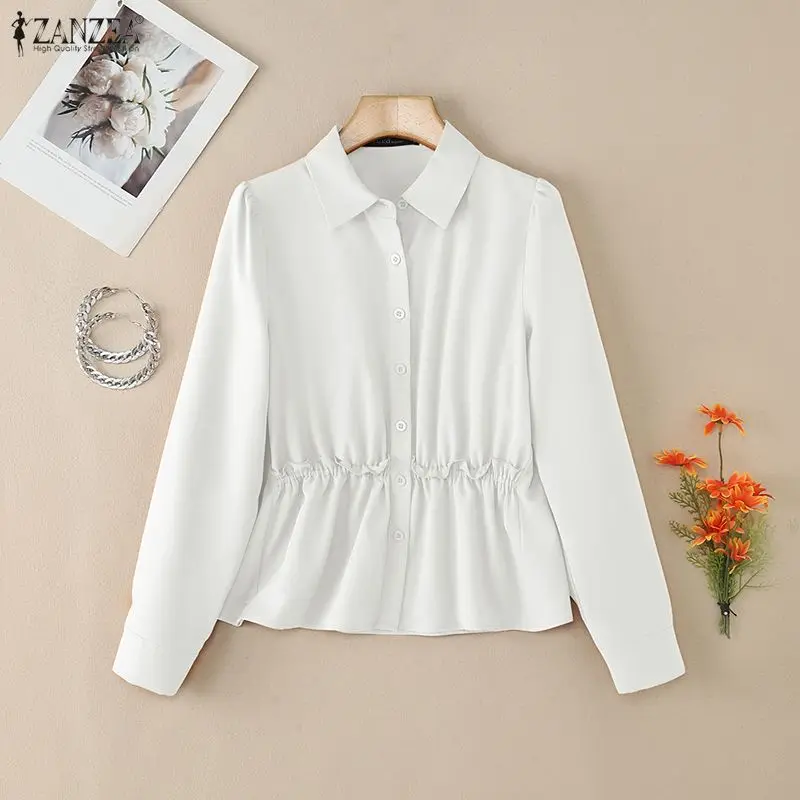 

ZANZEA модная женская рубашка 2026 весенне-осенняя блузка с лацканами и длинными рукавами, стильные рабочие топы с воланами, однотонные блузки на пуговицах