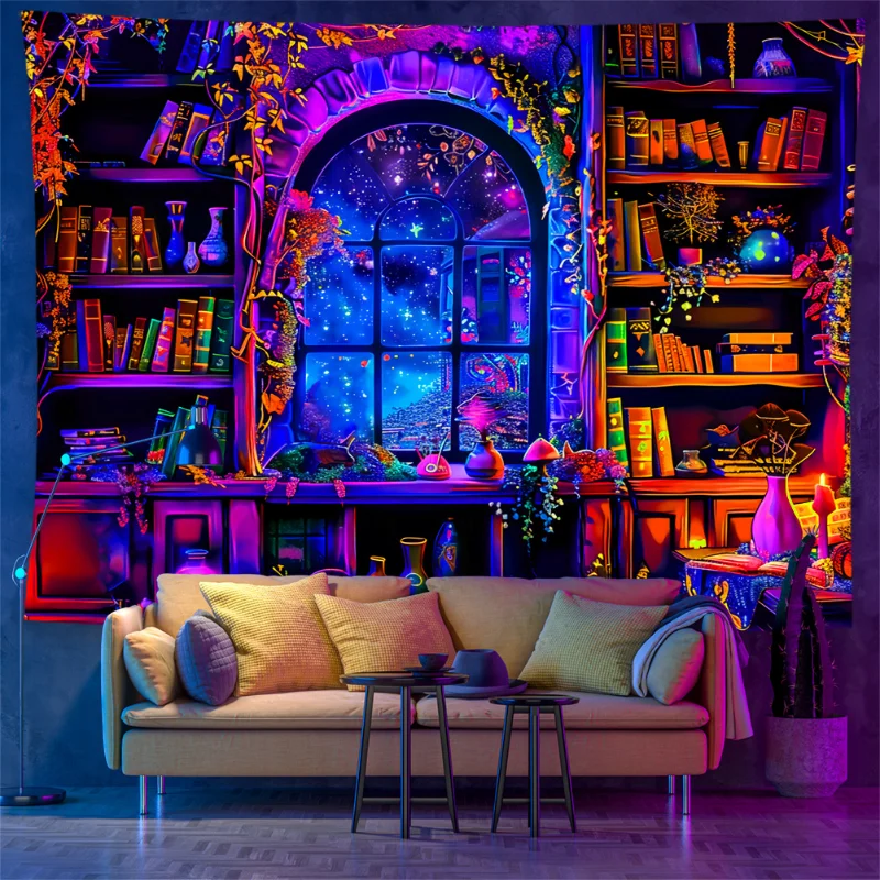 VIKAMA Psychedelic Witch Style Magic Library Tapestry, Fluorescent Uv Reaction Wall Hanging Room Home Decoration