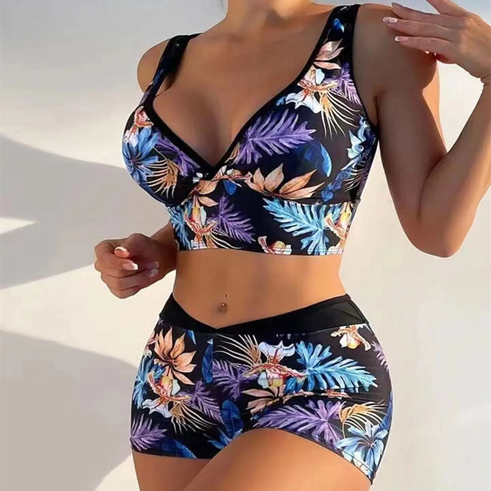 Women High Waisted Print Bikini Wide Shoulder Straps Border High Waist Push Up Swimwear Summer Separate Two-Piece Swimsuit