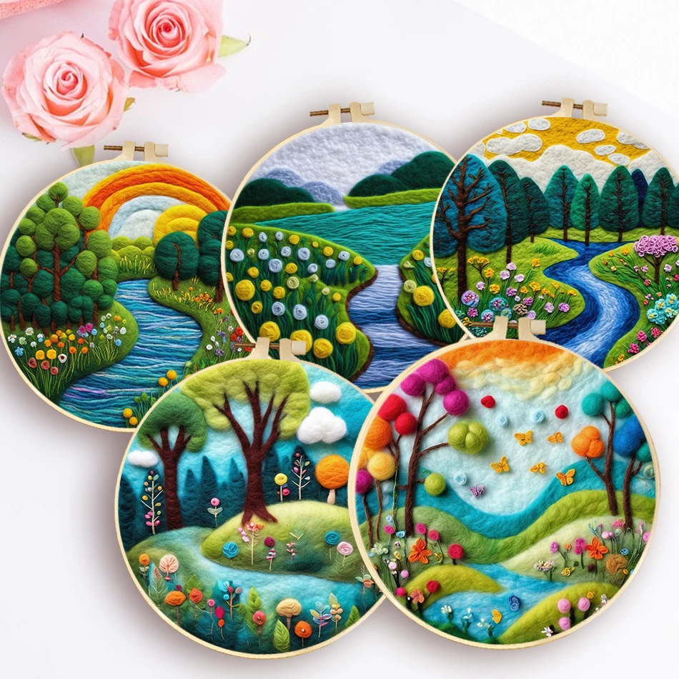 

Waterfall Landscape DIY Wool Felting Painting Frame Embroidery Wool Painting Kit DIY Needle Felt For Home Decors Crafts Gift
