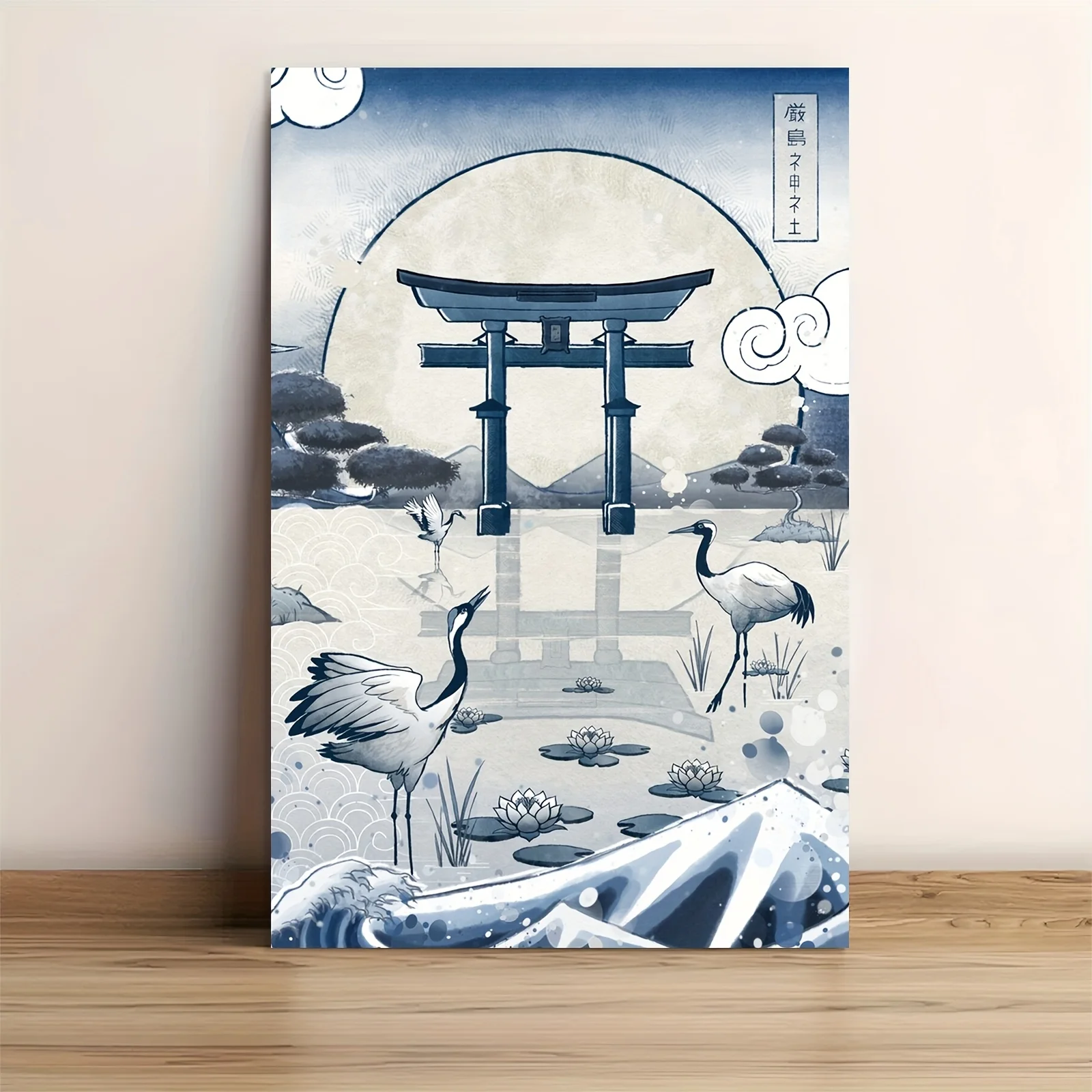 Póster de lienzo sin marco de 1 pieza, 12.0 x 18.0 in, azul japonés, grúa delante de la puerta Torii, perfecto para dormitorios, salas de estar, recibidor