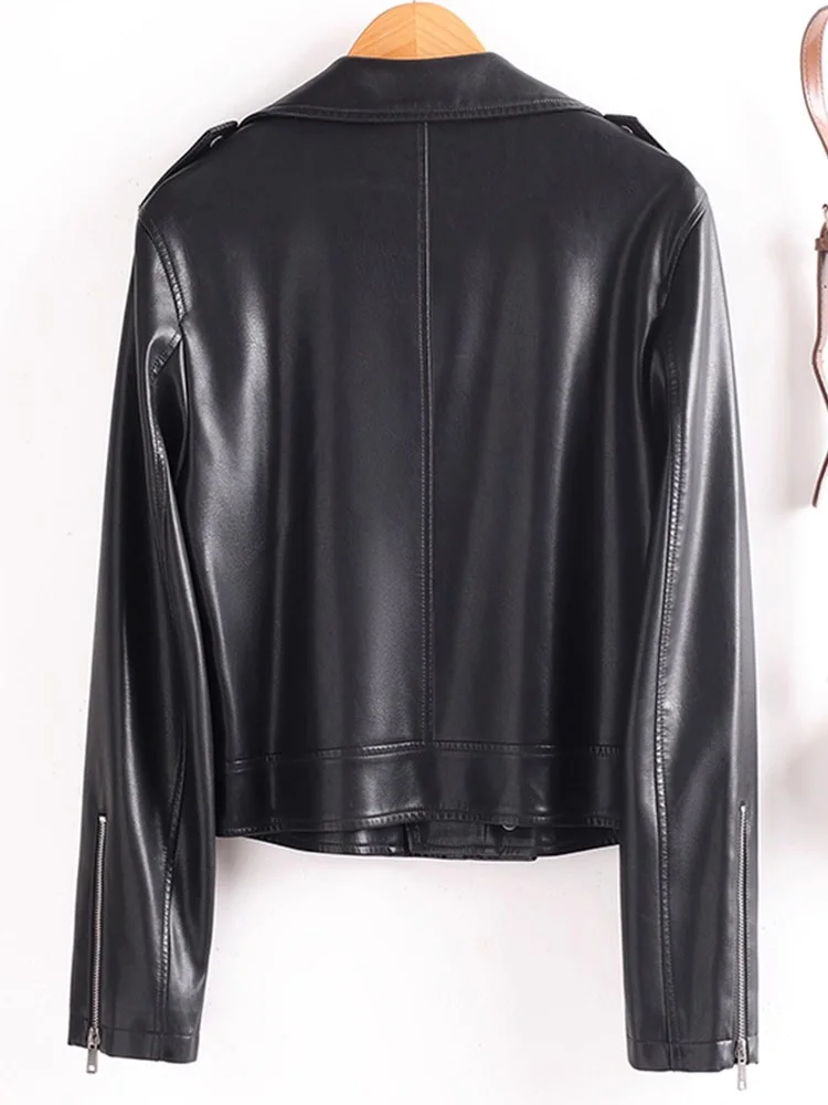New Women Split Leather Biker Jacket Spring Autumn Fashion Notched Collar Long Sleeve Short Leather Coat Casual Outerwear Female