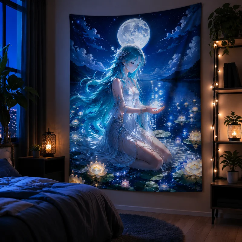 VIKAMA Cyberpunk Samurai Girl Anime Tapestry, Mecha Warrior Futuristic City Wall Hanging, Esports Room & Bedroom Home Decor