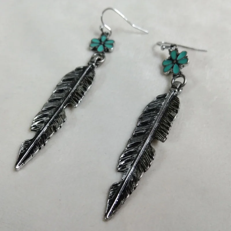 

Antique Silver Feather Drop Earrings Vintage Brand Quality Fashion Jewelry for Women