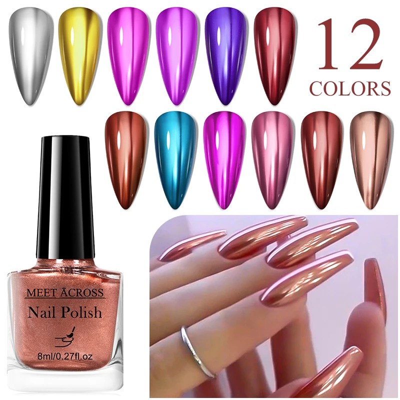 MEET ACROSS 7ml Espelho Metálico Nail Polish Quick-dry Sem Necessidade Lâmpada Secagem Ouro Prata Cor Nail Polish Para Iniciante Manicure