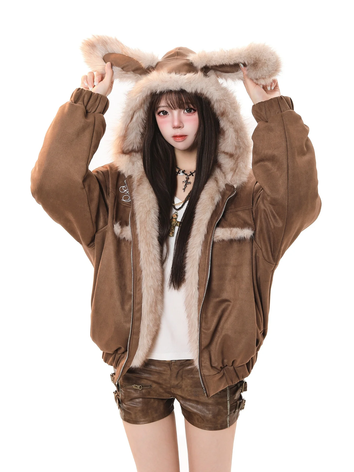 

Sweet Rabbit Ear Fur Collar Hooded Cotton Jacket Women's Winter Warm Loose Casual Super Cute Anti-Aging Cotton Coat
