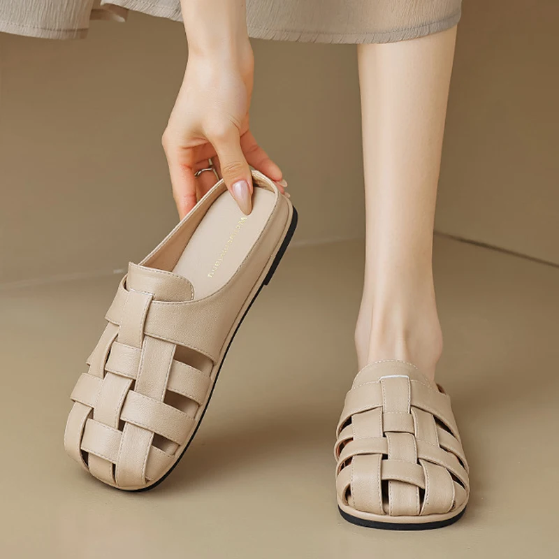 

Туфли на плоской подошве, женские модные тапочки с закрытым носком, полые сандалии без шнуровки, большие размеры, абрикосовый хаки