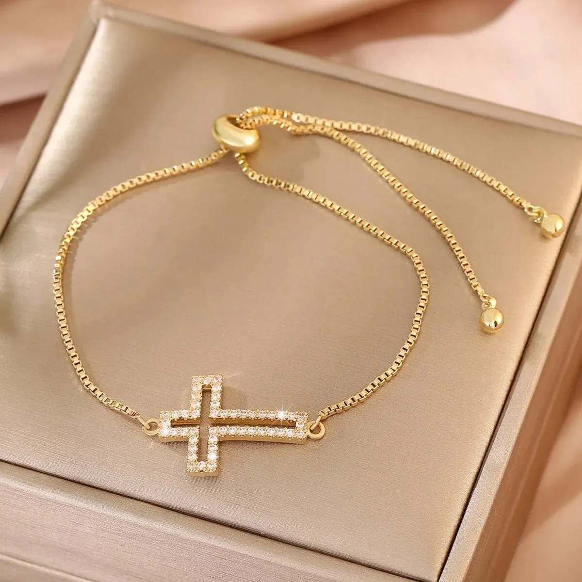 Stylish Copper Set Zirconium Cross Bracelet Men's AND WOMEN'S Gold Silver Color Simple Adjustable Chain Bracelet Party Jewelry