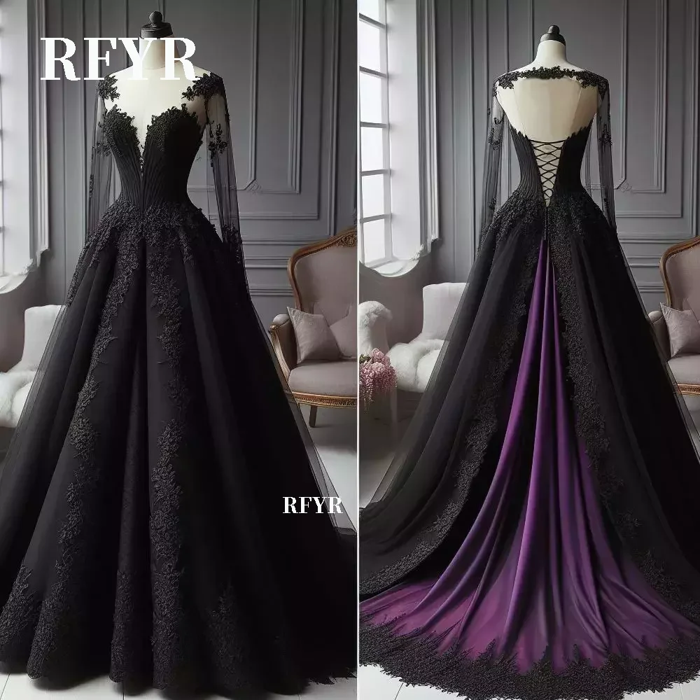 

RFYR Lace Prom Gown Applique Long Sleeve Evening Gown Lace Up Back Elegant Party Gowns A Line Celebrity Dresses Customized