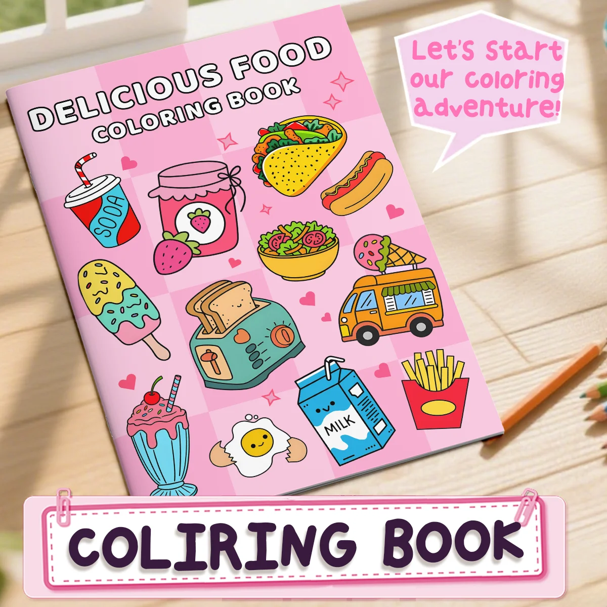 El nuevo papel grueso perlado de 12 páginas es un libro para colorear simple para una comida deliciosa, que se conducen al uso de colores.