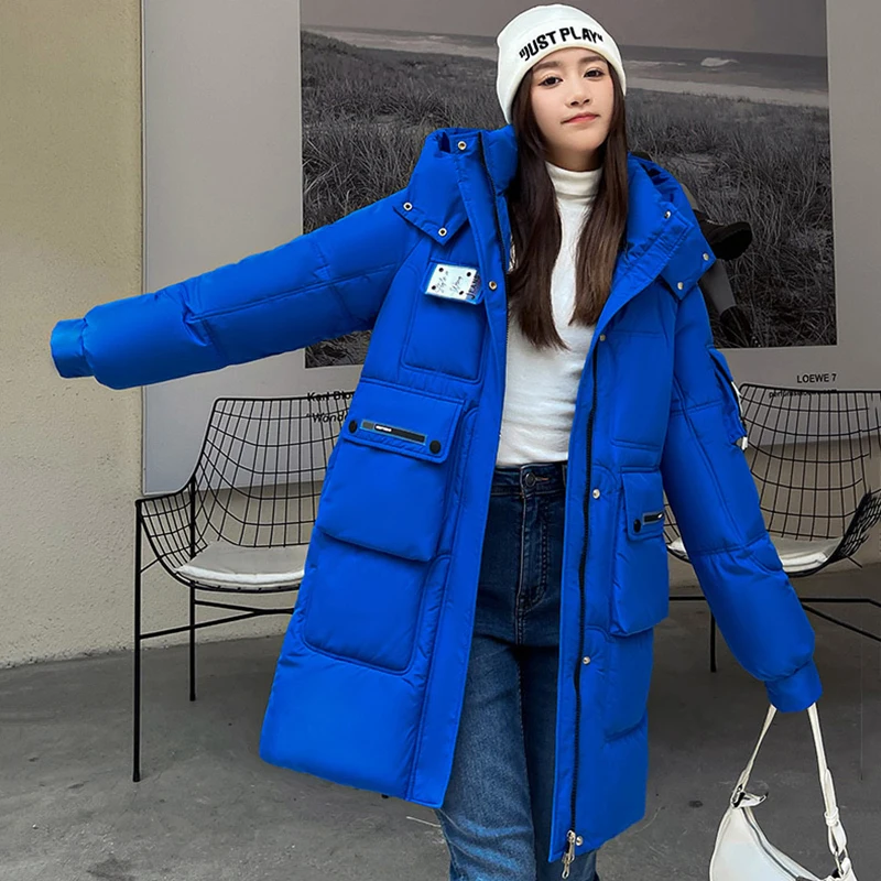 Down Padded Jacket Women Outwear Fashion Loose Mid-Length Warm Parka Casaco 2024 New Winter Hooded Bread Clothing Female Overcoa