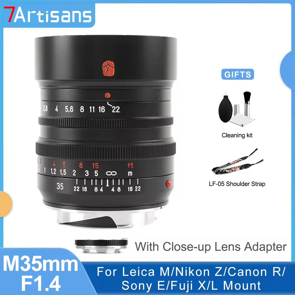 7artisans M35mm F1.4 Full Frame Manual Focus Prime Lens for Leica M Camera M2 M3 M4 M8 M9 M10 Leica M Mount Lens with adapter