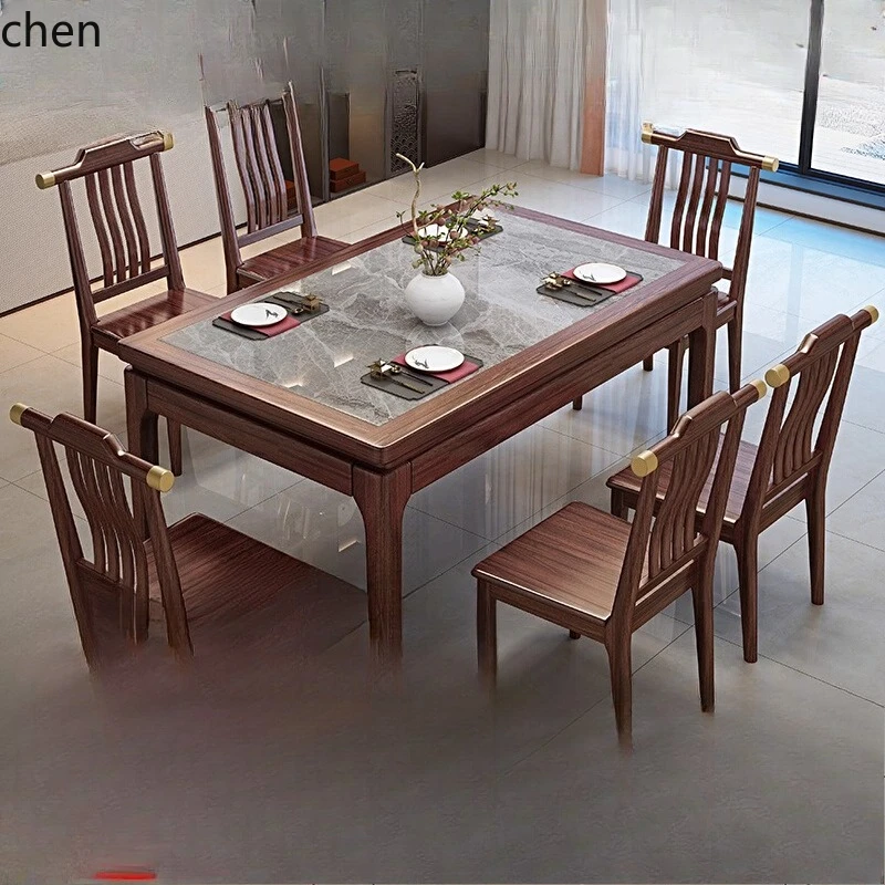 

LXC new Chinese ebony solid wood dining rectangular rock slab solid wood dining table and chairs small apartment square table