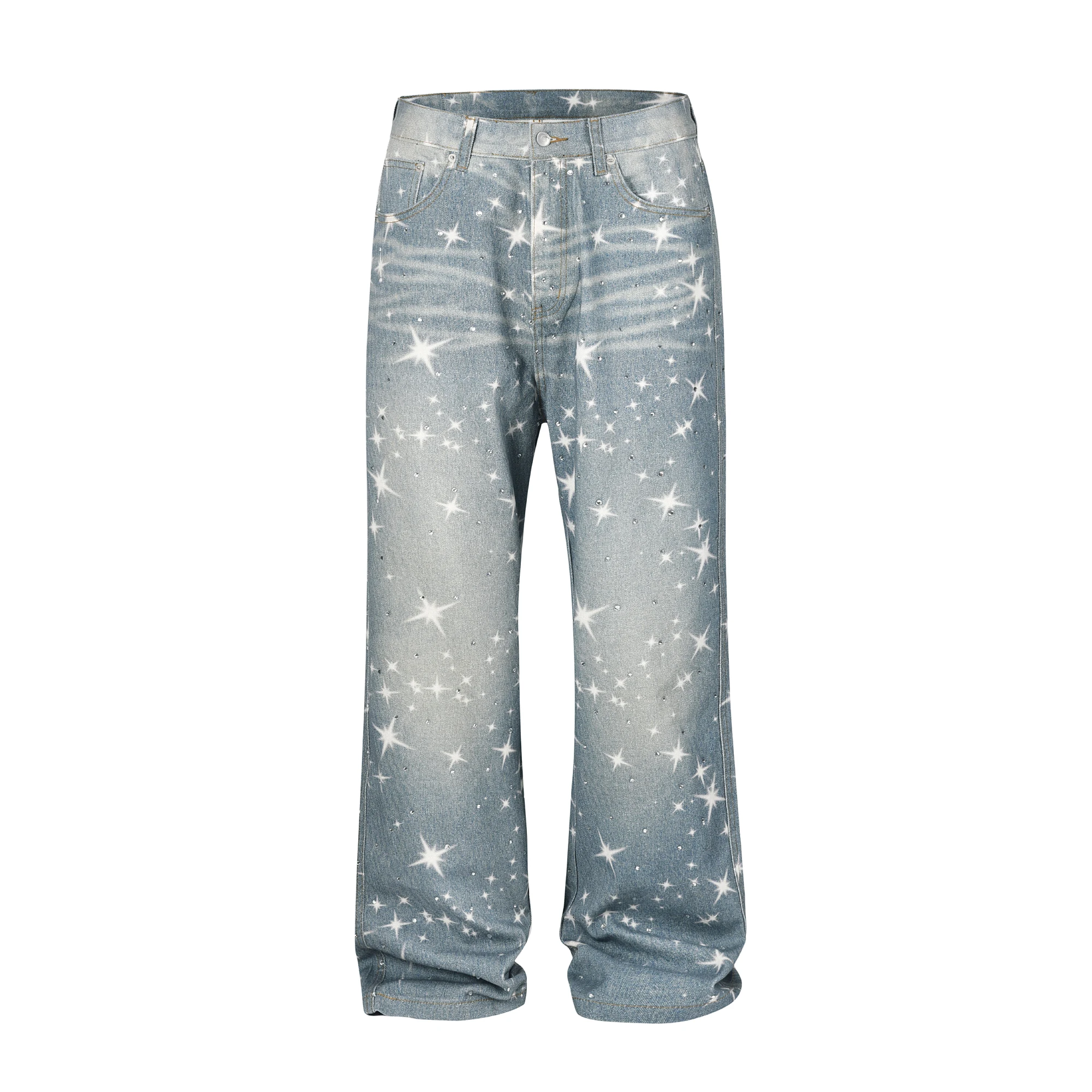 Stars Rhinestone Washed Blue Baggy Jeans Mens and Women Ropa Hombre Streetwear Solid Casual Denim Trousers Loose Cargo Pants