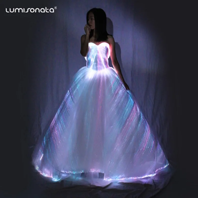 LED Light up Optic Fiber Wedding Dress White Women Luxury Luminous Prom Gown Glow Party Evening Outfit Ballroom Princess Clothes