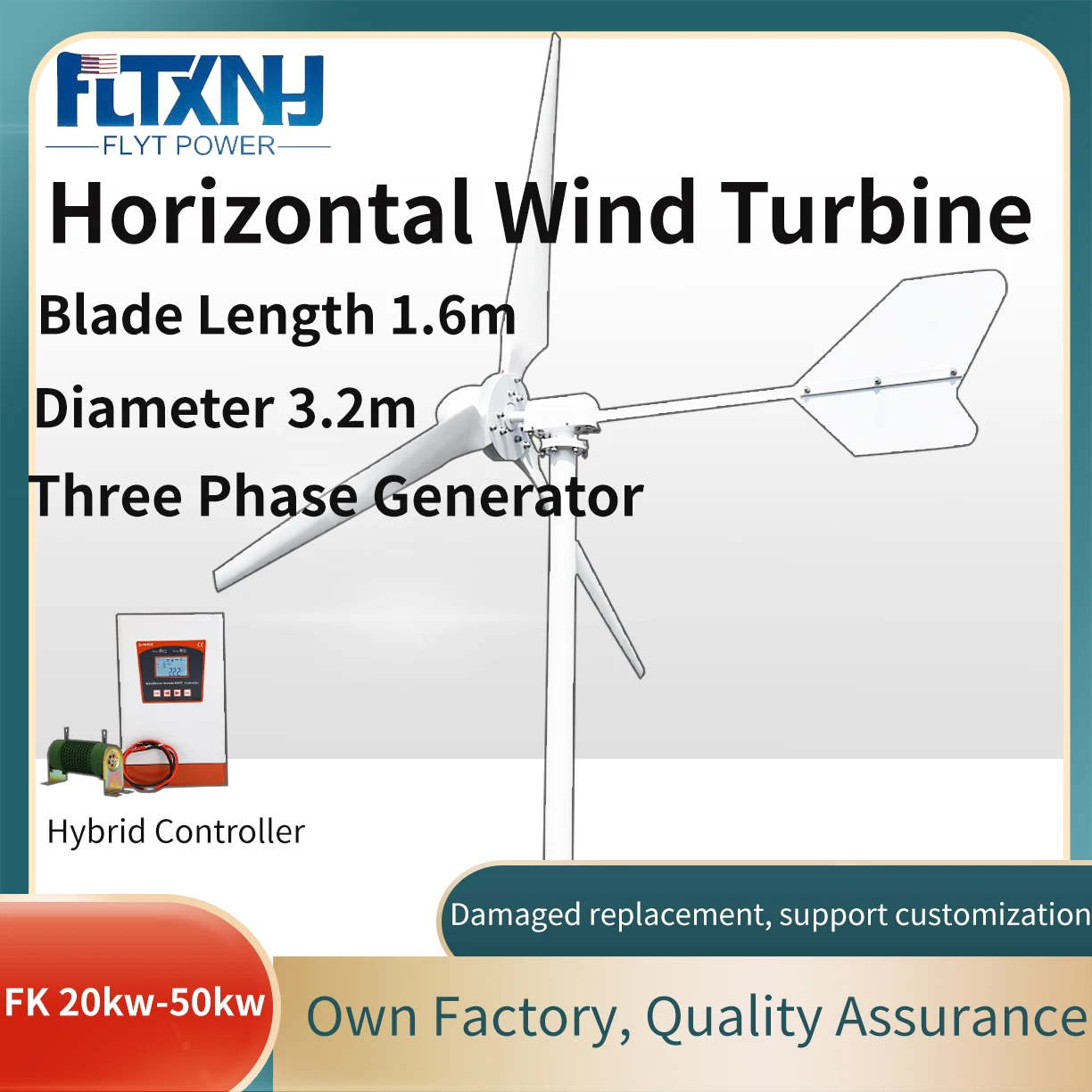 CE certificated 50kW 50000W 20kw 120v 220v 240v 380v 3 blades low rpm horizontal wind turbine generator