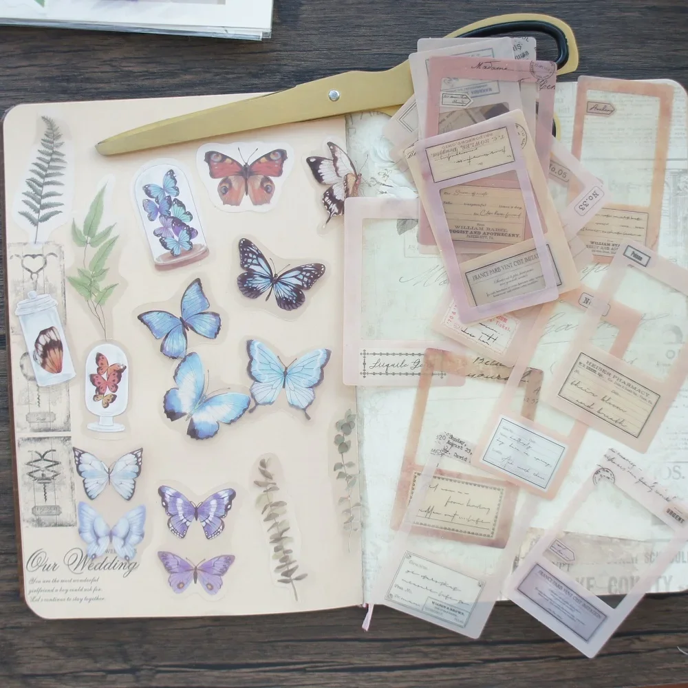 

28pcs Beige Frame Butterfly Specimen Style PVC Laser Sticker Scrapbooking DIY Gift Packing Label Decoration Tag