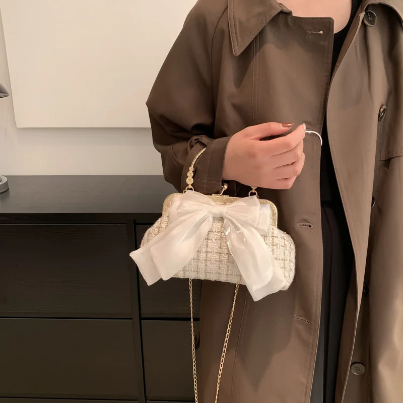 Vintage Women Tote Handbags bow Chain Crossbody Shoulder Bag Small Female Clip Bags Fashion Kiss Lock Purse Bag for Women