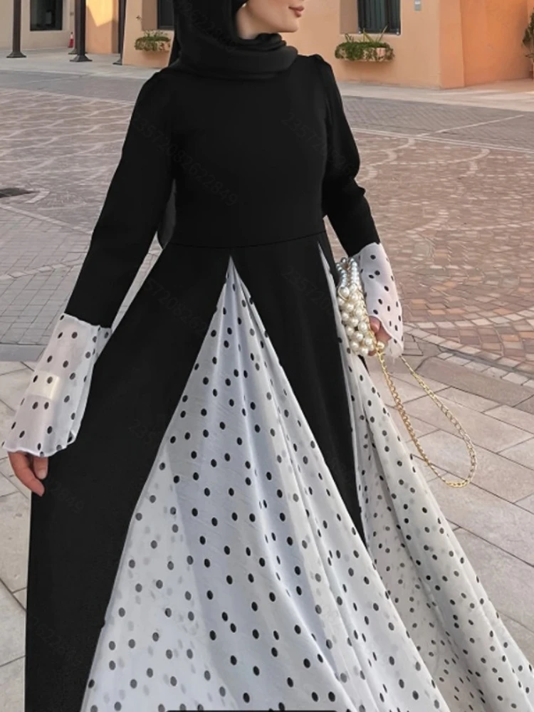 

Eid Polka Dot Women Dress Muslim Abaya Flare Sleeve Party Jalabiya Ramadan 2025 Chiffon Vestidos Largos Arab Long Robe Kaftan